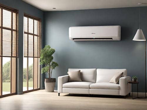 A contemporary air-conditioning system installed in a commercial space, showing ductwork and vents distributing cool air. The system blends seamlessly with the surroundings, providing comfort and relief from the heat.